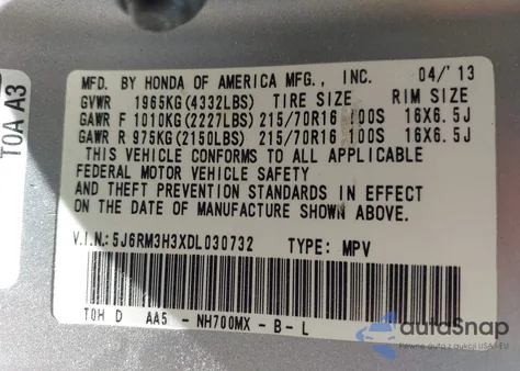 2013 Honda Cr-V Lx из США, поврежденный, VIN 5J6RM3H3XDL030732